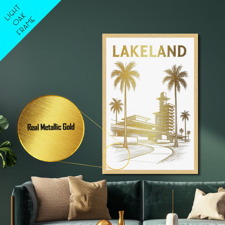 Lakeland Florida travel, Metallic Gold Print, Modern House Art, Metal Art, Wood Framed Art, Wanderlust Gift, Travel Art Prints