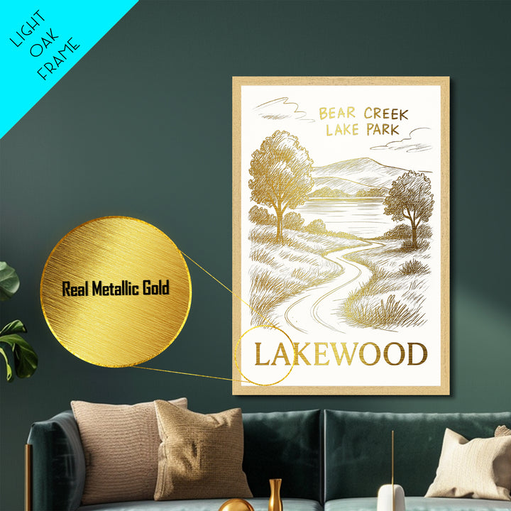 Lakewood California travel, Metallic Gold Print, College Dorm Décor, Metal Art, Wood Framed Art, Graduation Travel Gift, Traveler Gift