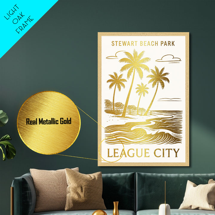 League City Texas art, Metallic Gold Art, Office Decor, Metal Art, Wood Framed Art, Graduation Travel Gift, Destination Gift