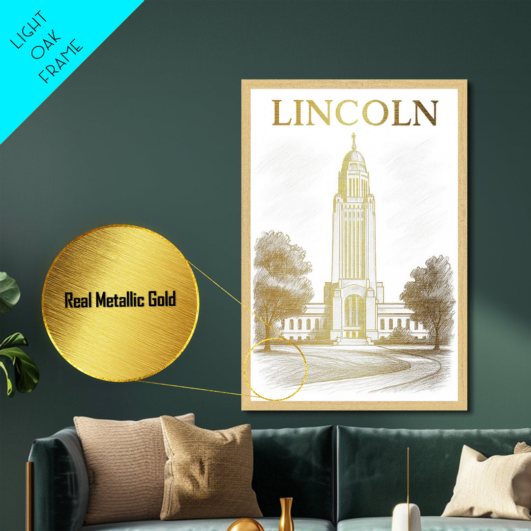 Lincoln Nebraska travel, Metallic Gold Print, Modern Skyline Wall Print, Metal Art, Wood Framed Art, Adventure Lover Gift, Travel Gift