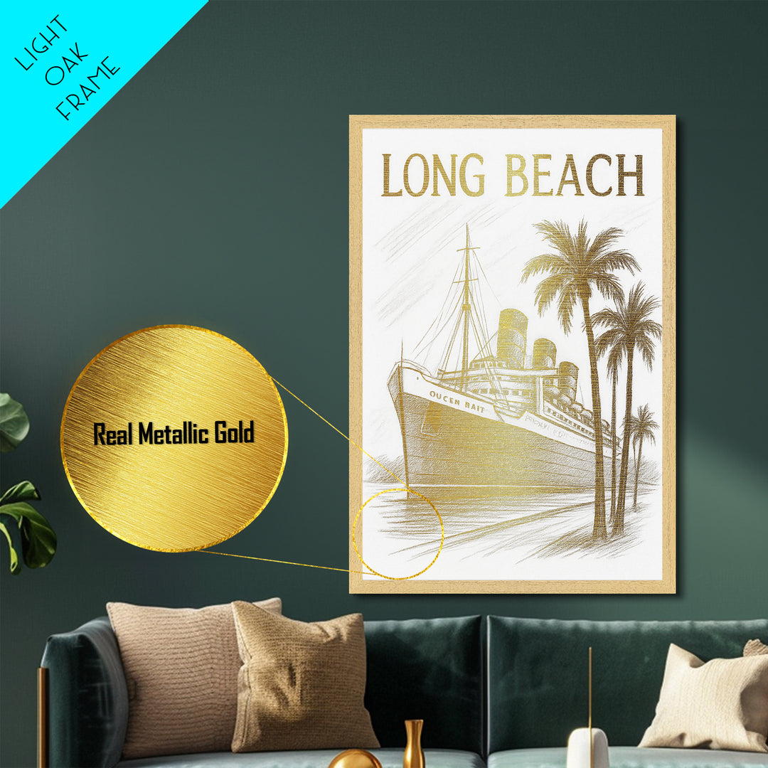 Long Beach California travel, Metallic Gold Print, Modern House Art, Metal Art, Wood Framed Art, Traveler Gift, Destination Gift