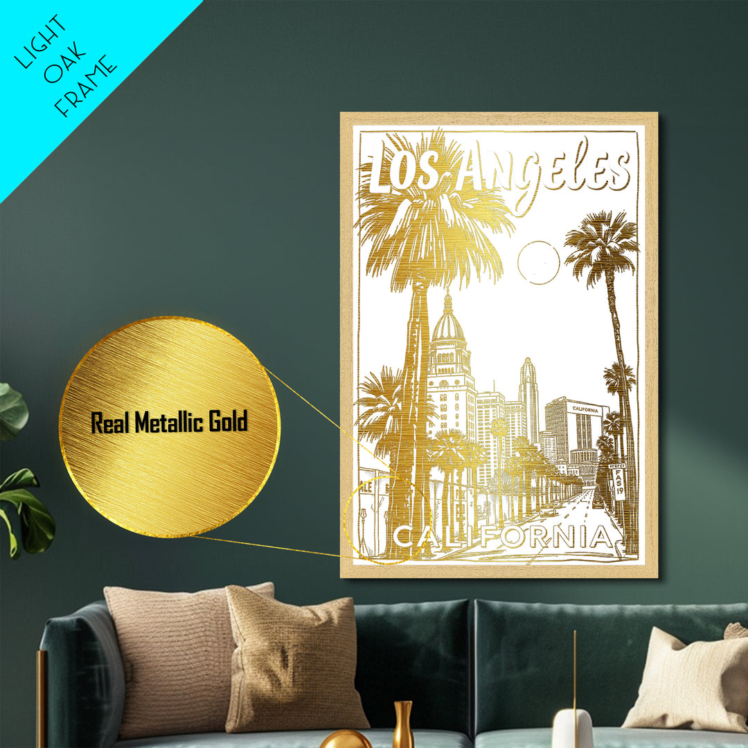 Los Angeles California art, Metallic Gold Art, Best Friend Gifts, Metal Art, Wood Framed Art, Birthday Travel Gift, Destination Gift