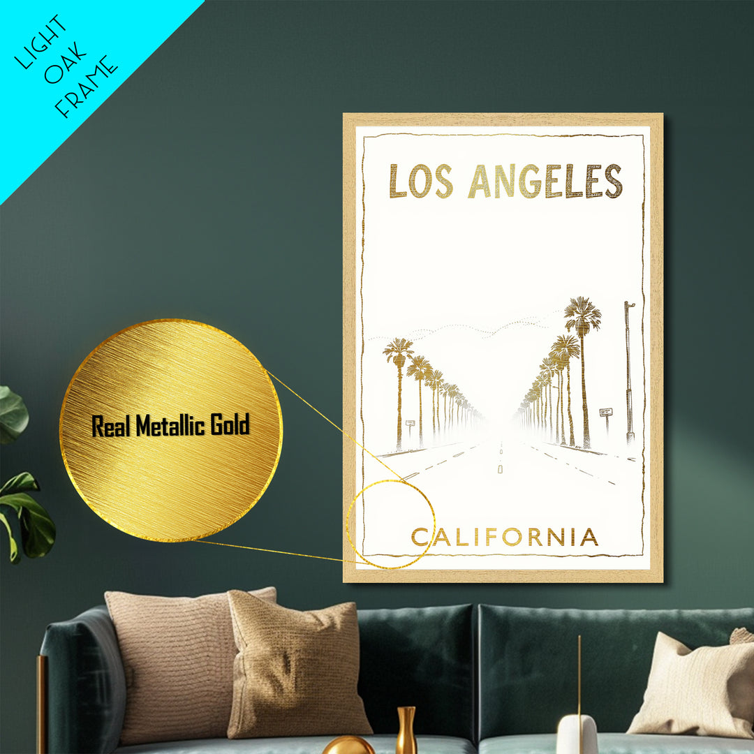 Los Angeles California travel, Metallic Gold Print, Modern Skyline Wall Print, Metal Art, Wood Framed Art, Adventure Lover Gift, Travel Gift