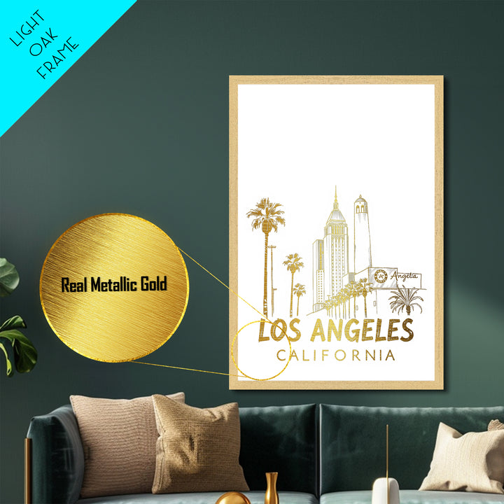 Los Angeles California art, Metallic Gold Art, Housewarming Gift, Metal Art, Wood Framed Art, Newlywed Travel Gift, Honeymoon Gift