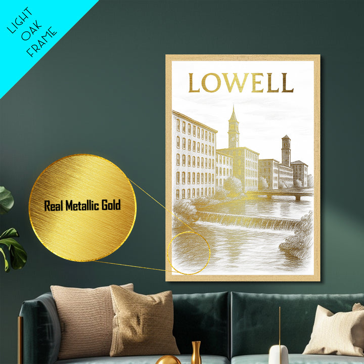 Lowell Massachusetts travel, Metallic Gold Print, Modern House Art, Metal Art, Wood Framed Art, Traveler Gift