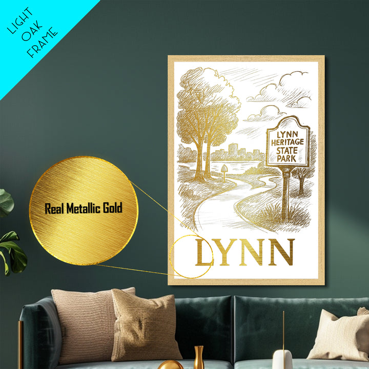 Lynn Massachusetts art, Metallic Gold Art, Modern Skyline Wall Print, Metal Art, Wood Framed Art, Adventure Lover Gift