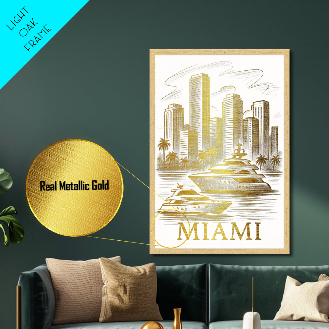 Miami Florida travel, Metallic Gold Print, Closing Gift, Metal Art, Wood Framed Art, Anniversary Travel Gift