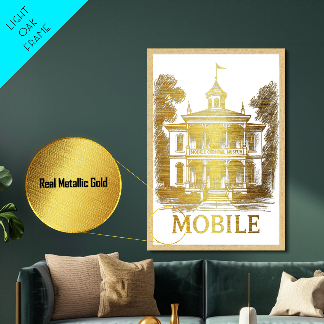 Mobile Alabama travel, Metallic Gold Print, Modern House Art, Metal Art, Wood Framed Art, Wanderlust Gift