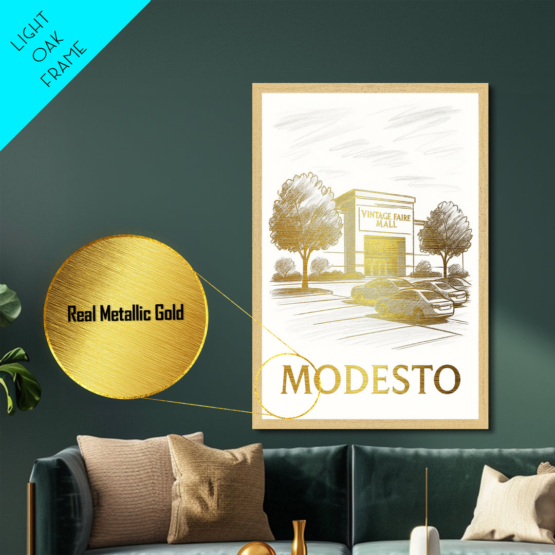 Modesto California travel, Metallic Gold Print, Modern House Art, Metal Art, Wood Framed Art, Traveler Gift