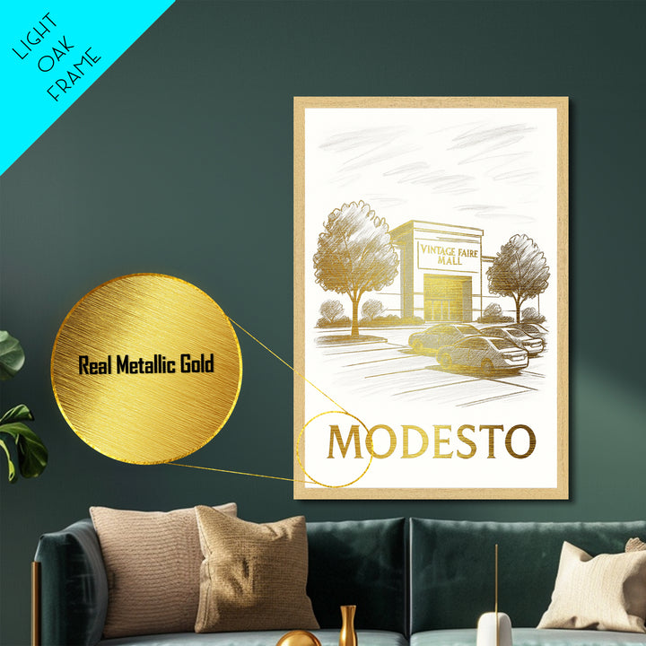 Modesto California travel, Metallic Gold Print, Modern House Art, Metal Art, Wood Framed Art, Traveler Gift