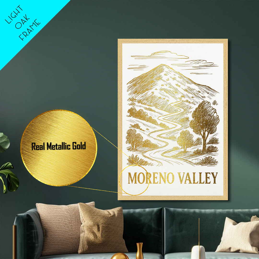 Moreno Valley California travel, Metallic Gold Print, Modern Skyline Wall Print, Metal Art, Wood Framed Art, Adventure Lover Gift