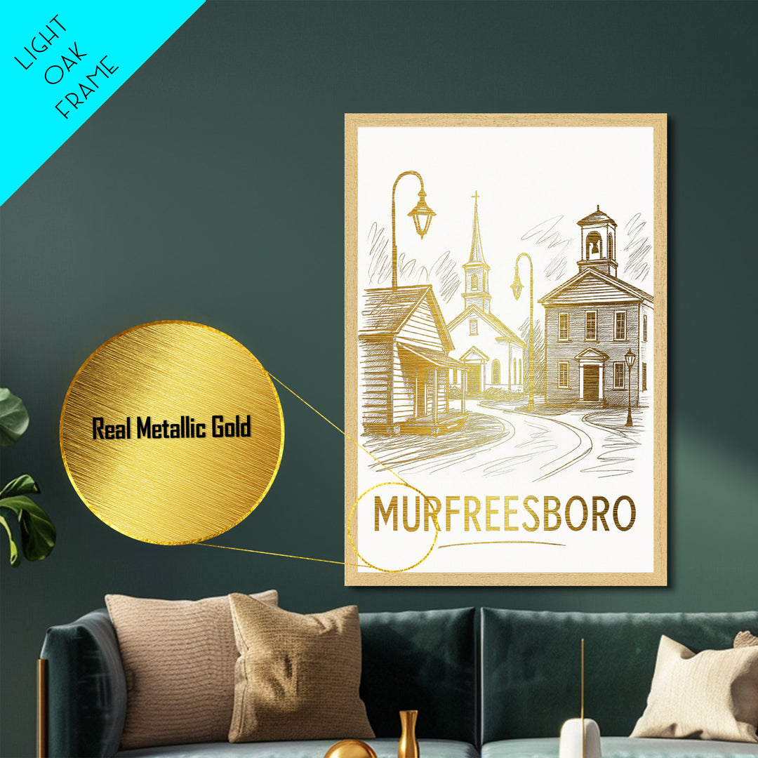 Murfreesboro Tennessee travel, Metallic Gold Print, Closing Gift, Metal Art, Wood Framed Art, Anniversary Travel Gift