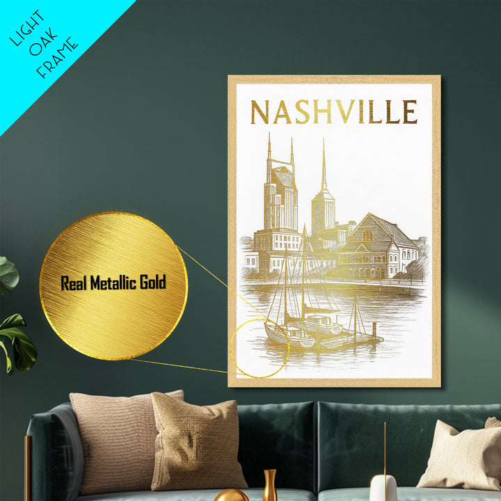 Nashville Tennessee travel, Metallic Gold Print, Closing Gift, Metal Art, Wood Framed Art, Anniversary Travel Gift, Retirement Travel Gift
