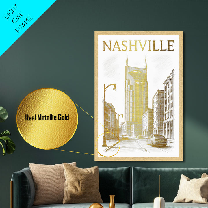 Nashville Tennessee art, Metallic Gold Art, Office Decor, Metal Art, Wood Framed Art, Graduation Travel Gift, Destination Gift