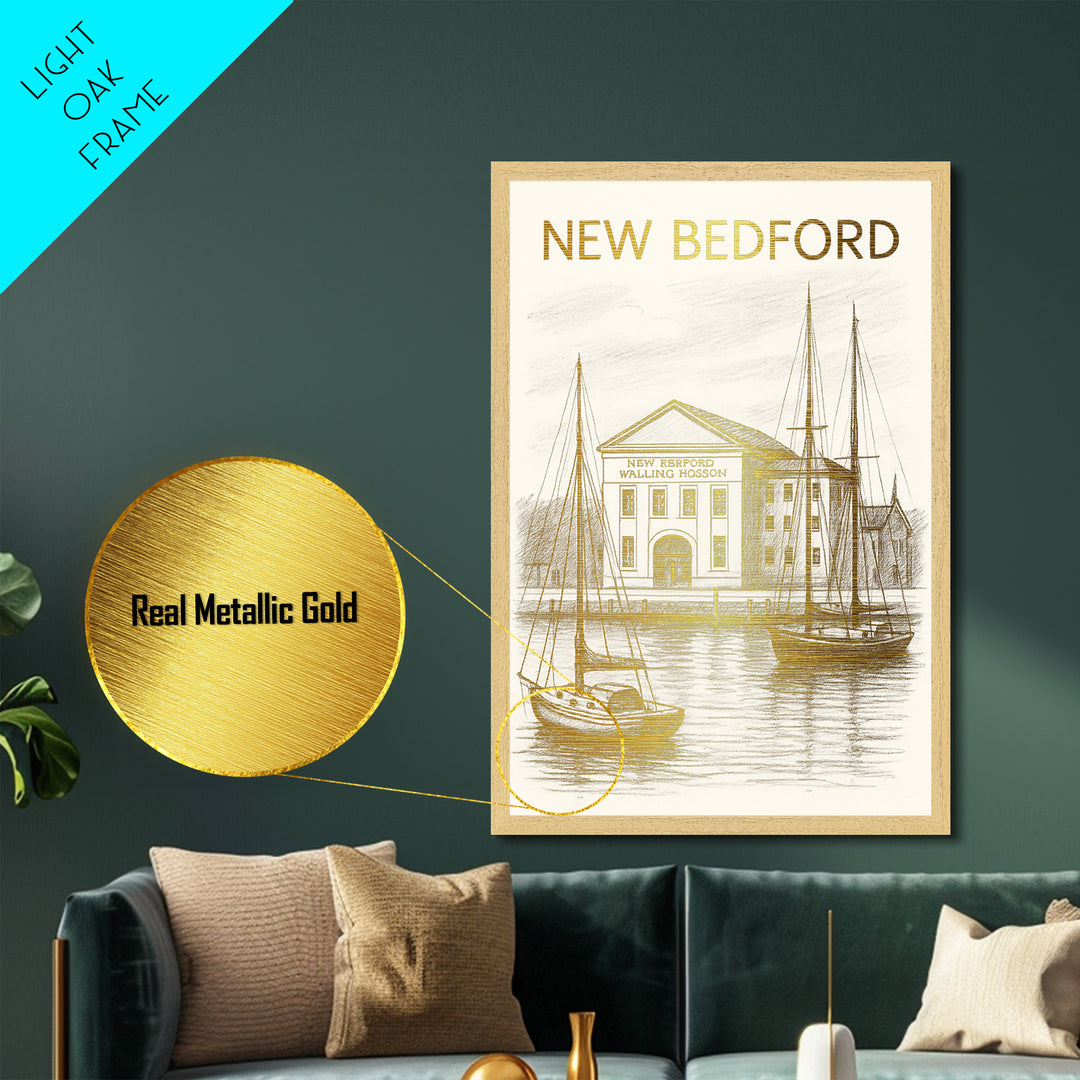 New Bedford Massachusetts travel, Metallic Gold Print, Modern House Art, Metal Art, Wood Framed Art, Traveler Gift, Destination Gift