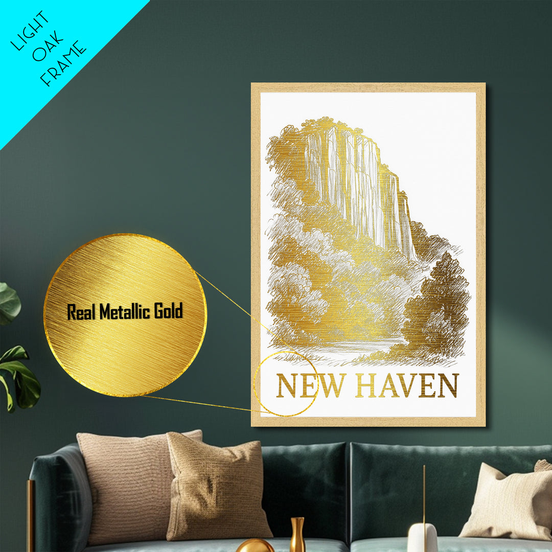 New Haven Connecticut art, Metallic Gold Art, Housewarming Gift, Metal Art, Wood Framed Art, Newlywed Travel Gift, Honeymoon Gift
