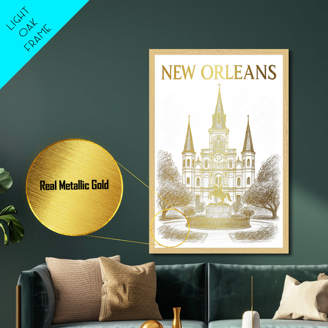 New Orleans Louisiana travel, Metallic Gold Print, Closing Gift, Metal Art, Wood Framed Art, Anniversary Travel Gift, Retirement  Gift