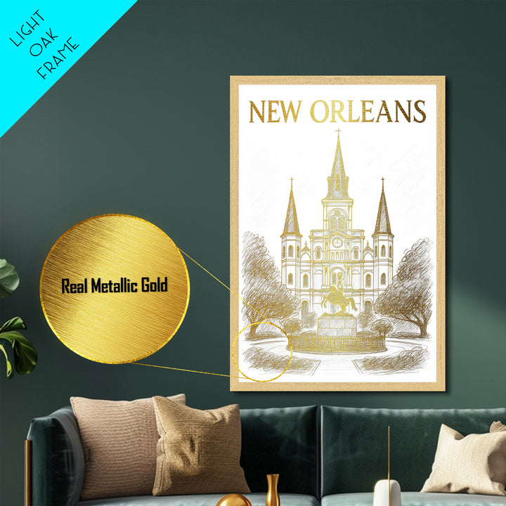 New Orleans Louisiana travel, Metallic Gold Print, Closing Gift, Metal Art, Wood Framed Art, Anniversary Travel Gift, Retirement  Gift