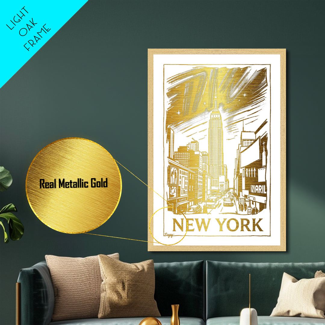 New York New York art, Metallic Gold Art, Housewarming Gift, Metal Art, Wood Framed Art, Newlywed Travel Gift, Honeymoon Gift