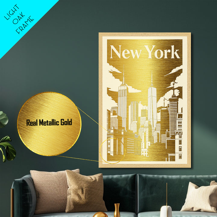 New York New York art, Metallic Gold Art, Office Decor, Metal Art, Wood Framed Art, Graduation Travel Gift, Destination Gift