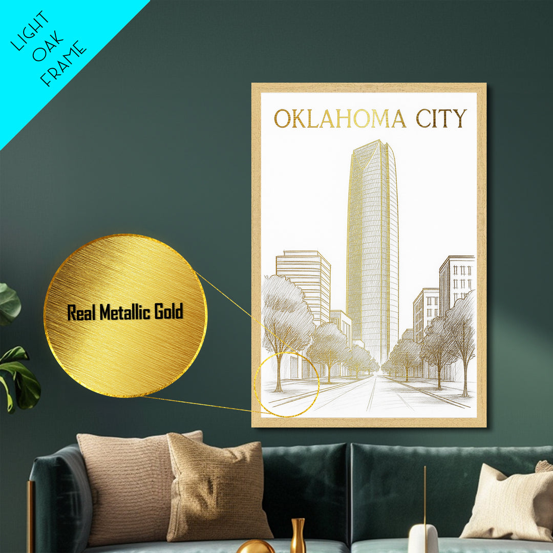 Oklahoma City Oklahoma travel, metallic gold, wood framed art, white and gold, Metal Art, Closing Gift, Metallic Gold Print