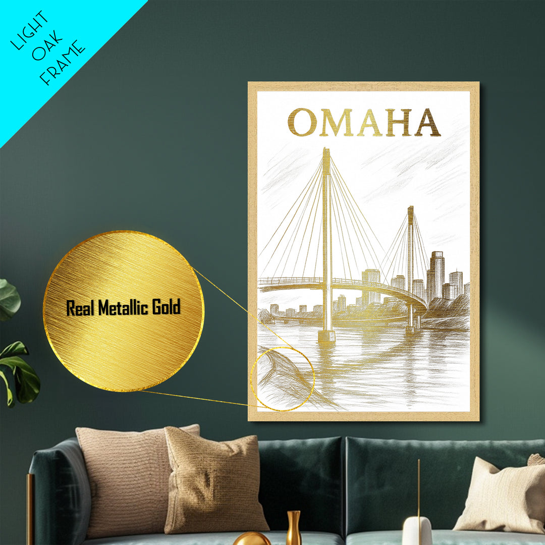 Omaha Nebraska travel, Metallic Gold Print, Modern House Art, Metal Art, Wood Framed Art, Traveler Gift, Destination Gift