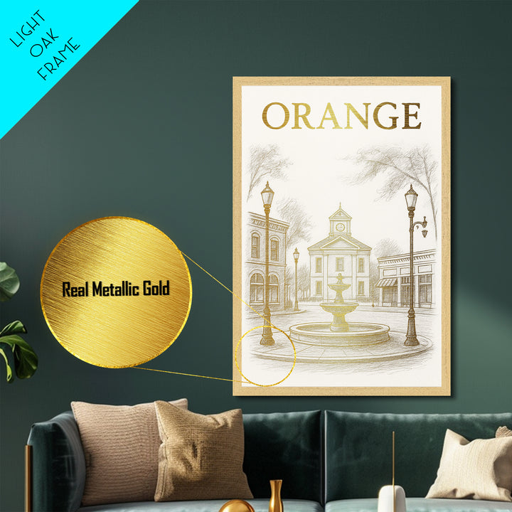 Orange California travel, Metallic Gold Print, Modern Skyline Wall Print, Metal Art, Wood Framed Art, Adventure Lover Gift, Travel Gift