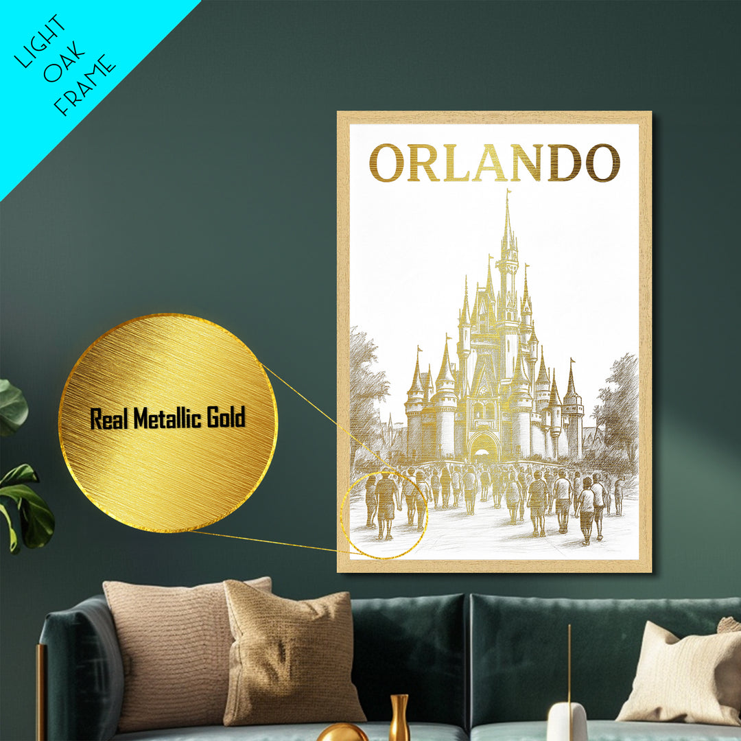 Orlando Florida travel, Metallic Gold Print, Closing Gift, Metal Art, Wood Framed Art, Anniversary Travel Gift, Retirement Travel Gift