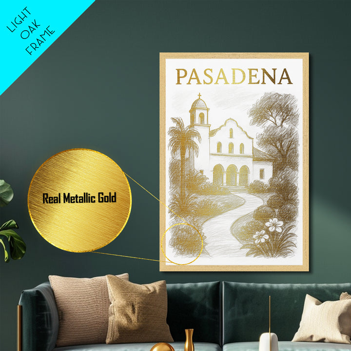 Pasadena California travel, Metallic Gold Print, Closing Gift, Metal Art, Wood Framed Art, Anniversary Travel Gift, Retirement Travel Gift