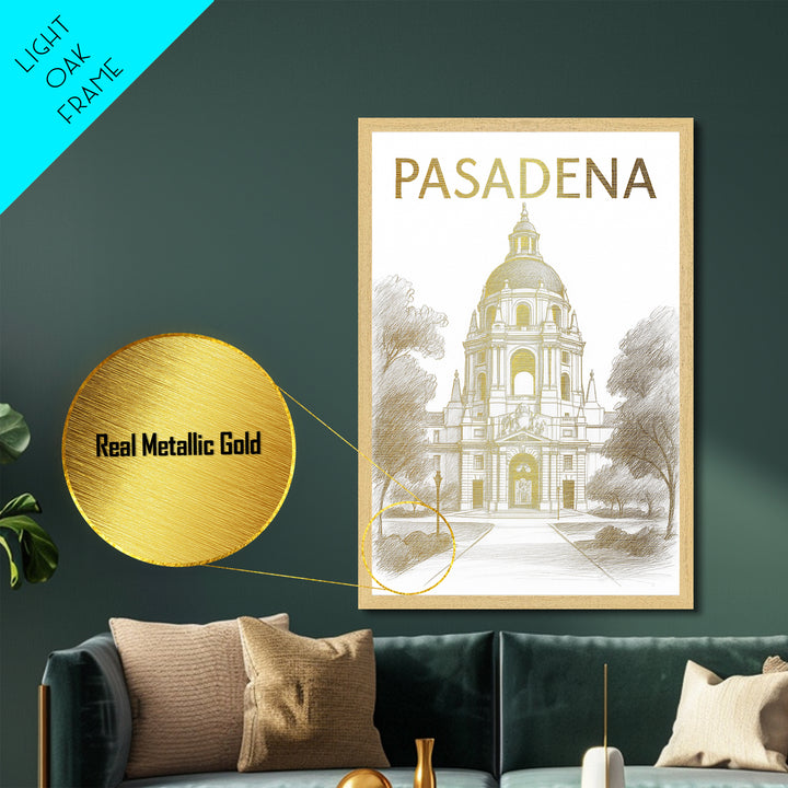 Pasadena California art, Metallic Gold Art, Office Decor, Metal Art, Wood Framed Art, Graduation Travel Gift, Destination Gift