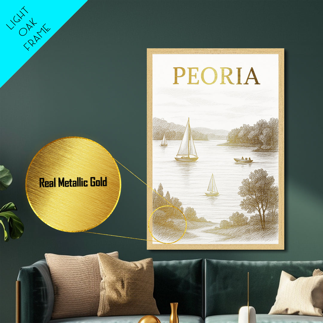 Peoria Illinois travel, Metallic Gold Print, Closing Gift, Metal Art, Wood Framed Art, Anniversary Travel Gift, Retirement Travel Gift