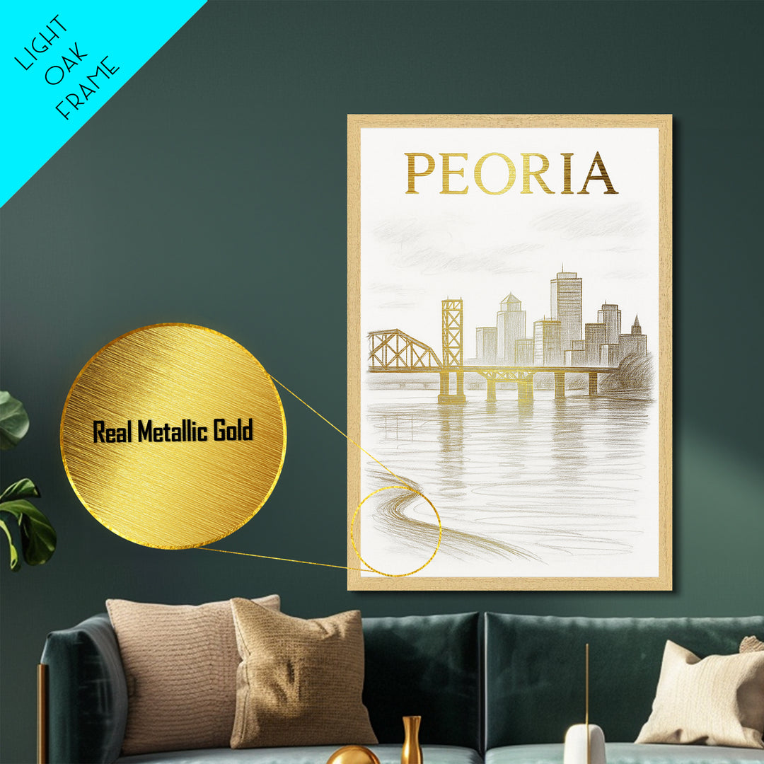 Peoria Illinois art, Metallic Gold Art, Office Decor, Metal Art, Wood Framed Art, Graduation Travel Gift, Destination Gift