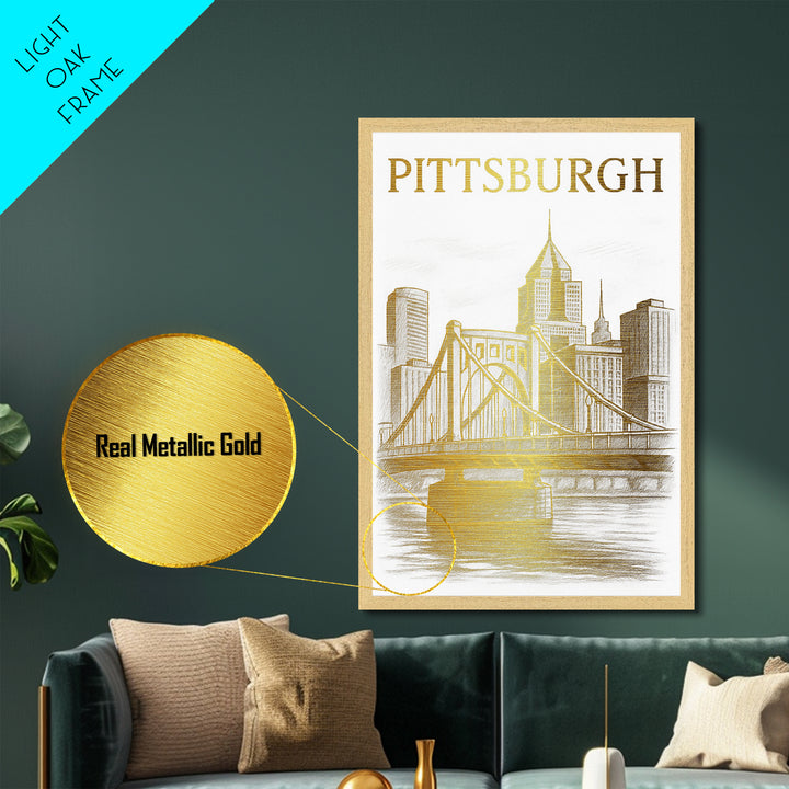 Pittsburgh Pennsylvania art, Metallic Gold Art, Housewarming Gift, Metal Art, Wood Framed Art, Newlywed Travel Gift, Honeymoon Gift