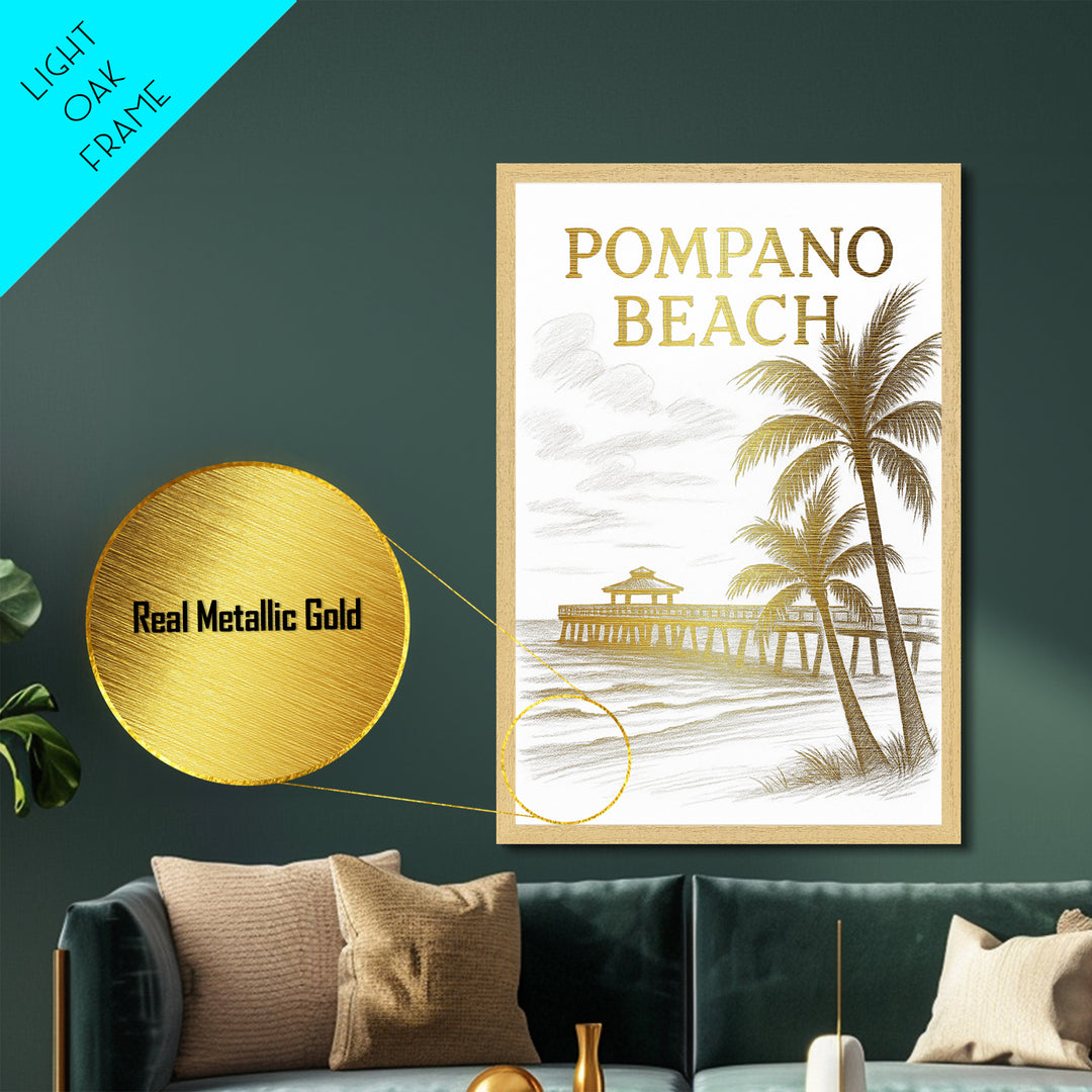 Pompano Beach Florida travel, Metallic Gold Print, Modern House Art, Metal Art, Wood Framed Art, Traveler Gift, Destination Gift