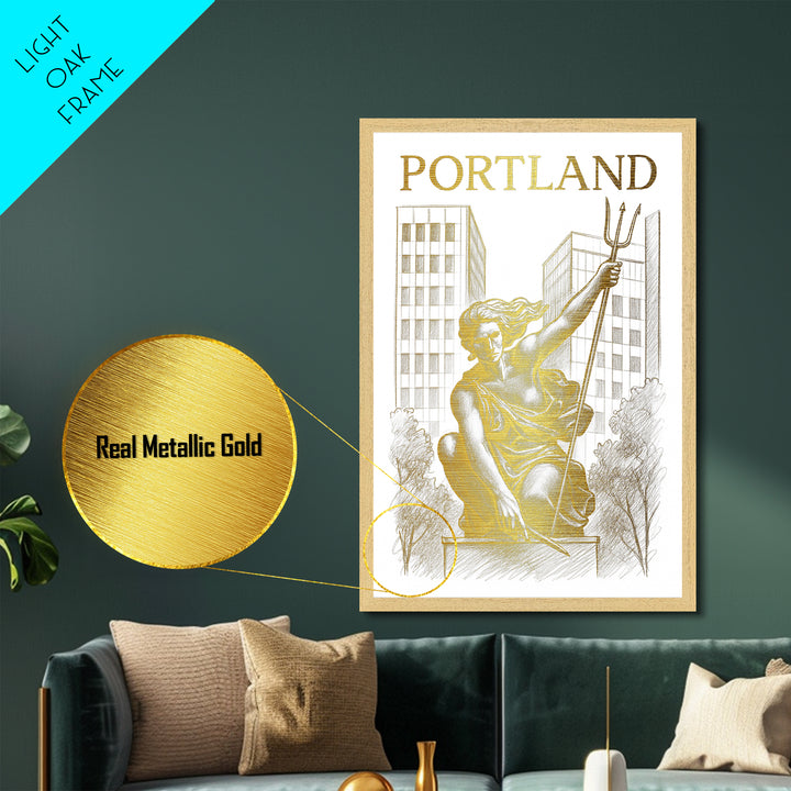 Portland Oregon travel, Metallic Gold Print, College Dorm Décor, Metal Art, Wood Framed Art, Graduation Travel Gift, Traveler Gift