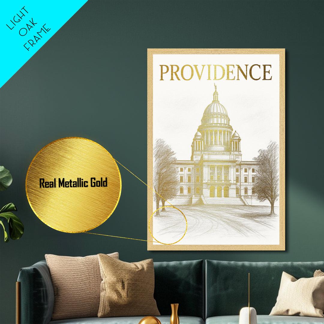 Providence Rhode Island travel, Metallic Gold Print, Closing Gift, Metal Art, Wood Framed Art, Anniversary Gift, Retirement Travel Gift