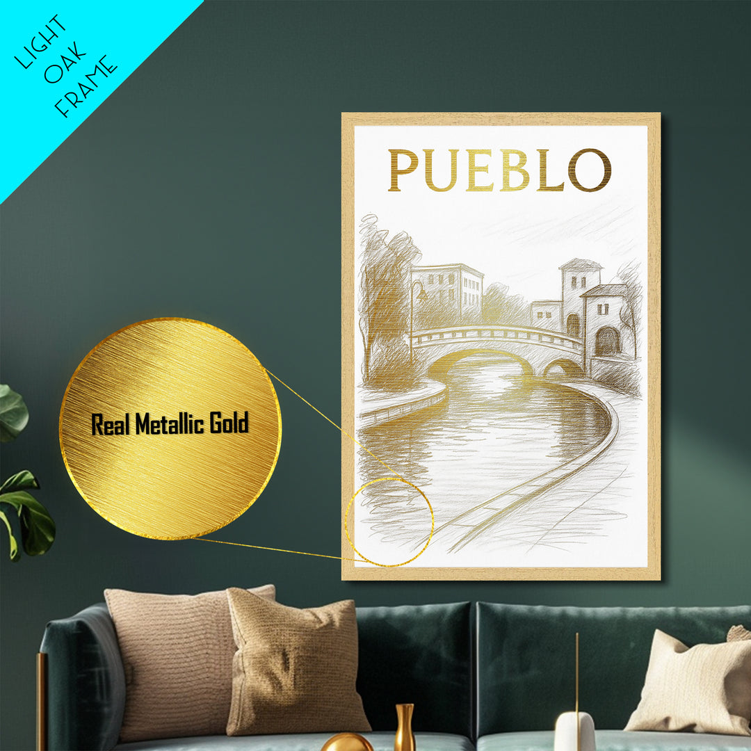 Pueblo Colorado travel, Metallic Gold Print, Modern House Art, Metal Art, Wood Framed Art, Traveler Gift, Destination Gift