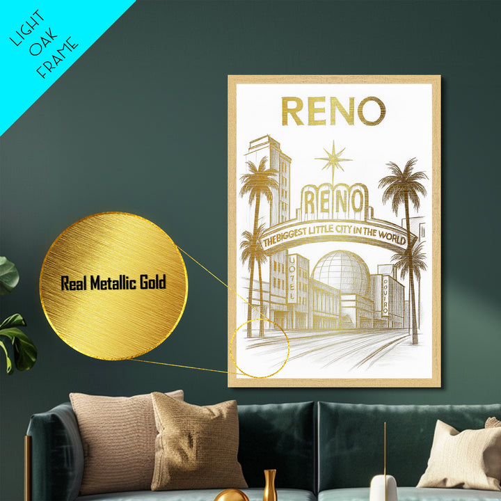 Reno Nevada travel, Metallic Gold Print, Modern House Art, Metal Art, Wood Framed Art, Wanderlust Gift, Travel Art Prints