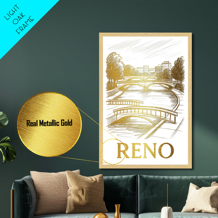 Reno Nevada art, Metallic Gold Art, Travel Art Prints, Metal Art, Wood Framed Art, Adventure Lover Gift, Traveler Gift