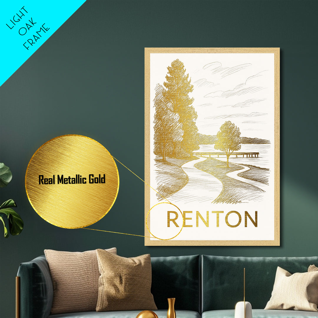 Renton Washington art, Metallic Gold Art, Modern House Art, Metal Art, Wood Framed Art, Graduation Travel Gift, Travel Gift