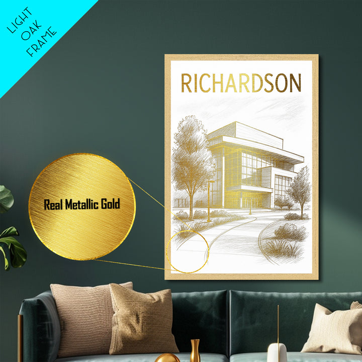 Richardson Texas travel, Metallic Gold Print, Modern Skyline Wall Print, Metal Art, Wood Framed Art, Adventure Lover Gift, Travel Gift