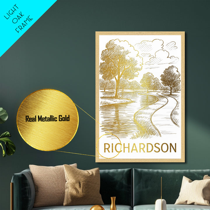 Richardson Texas art, Metallic Gold Art, Housewarming Gift, Metal Art, Wood Framed Art, Newlywed Travel Gift, Honeymoon Gift