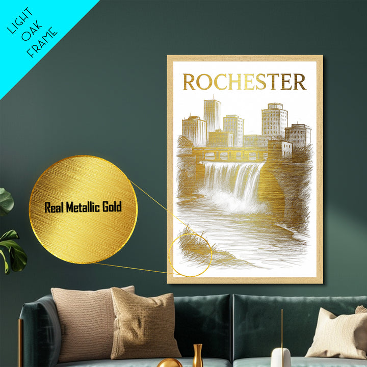 Rochester New York travel, Metallic Gold Print, Modern Skyline Wall Print, Metal Art, Wood Framed Art, Adventure Lover Gift, Travel Gift