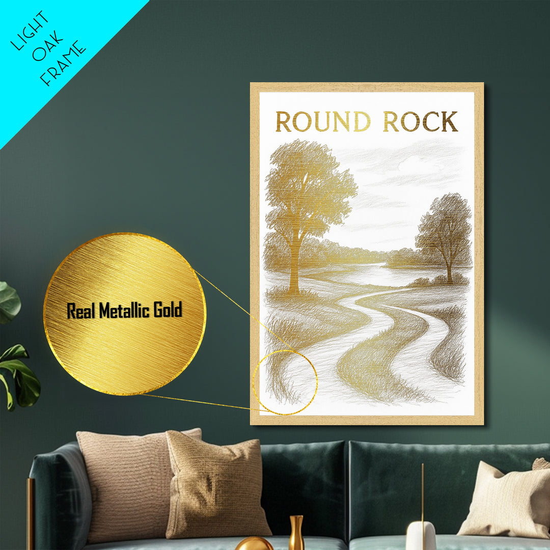 Round Rock Texas travel, Metallic Gold Print, College Dorm Décor, Metal Art, Wood Framed Art, Graduation Travel Gift, Traveler Gift
