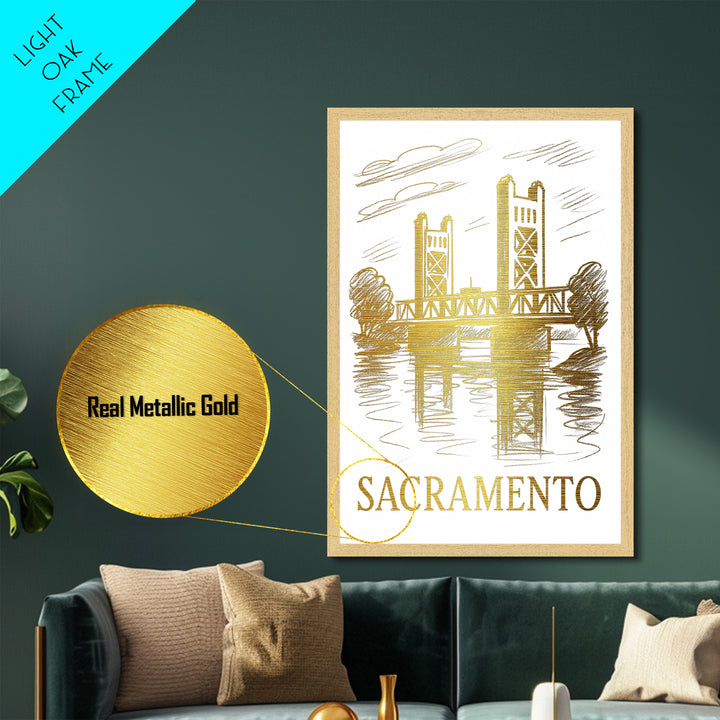 Sacramento California art, Metallic Gold Art, Housewarming Gift, Metal Art, Wood Framed Art, Newlywed Travel Gift, Honeymoon Gift
