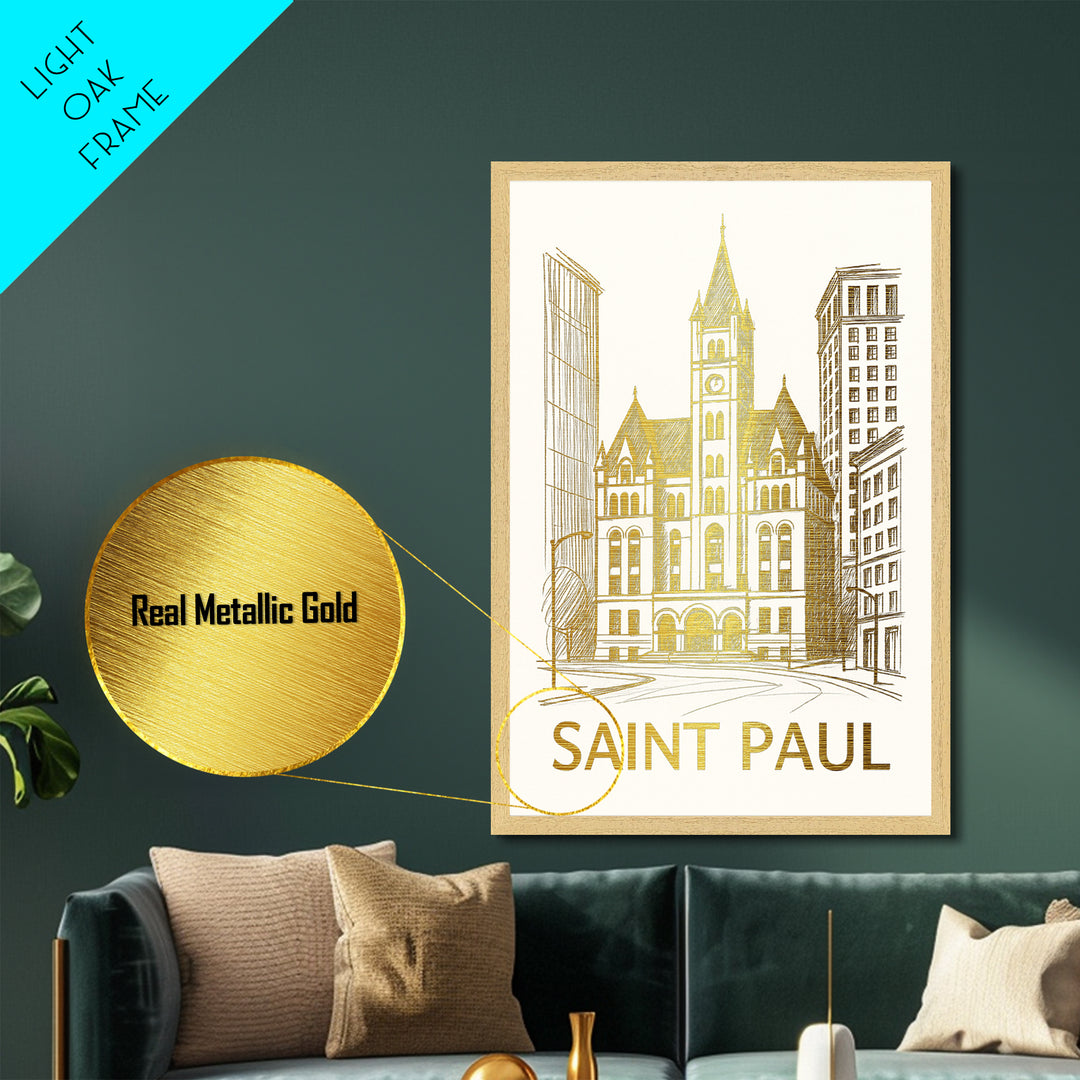 Saint Paul Minnesota art, Metallic Gold Art, Office Decor, Metal Art, Wood Framed Art, Graduation Travel Gift, Destination Gift