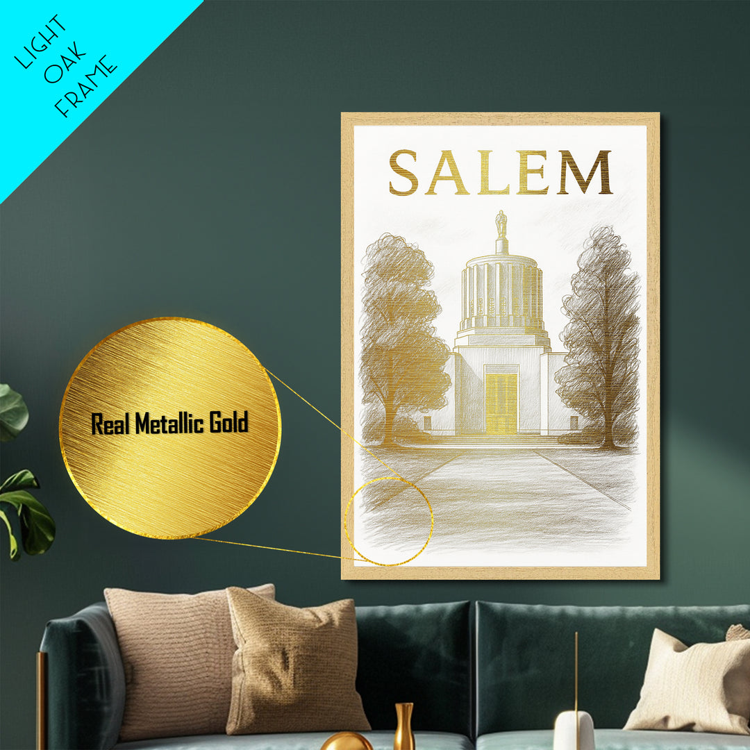 Salem Oregon travel, Metallic Gold Print, Modern House Art, Metal Art, Wood Framed Art, Wanderlust Gift, Travel Art Prints