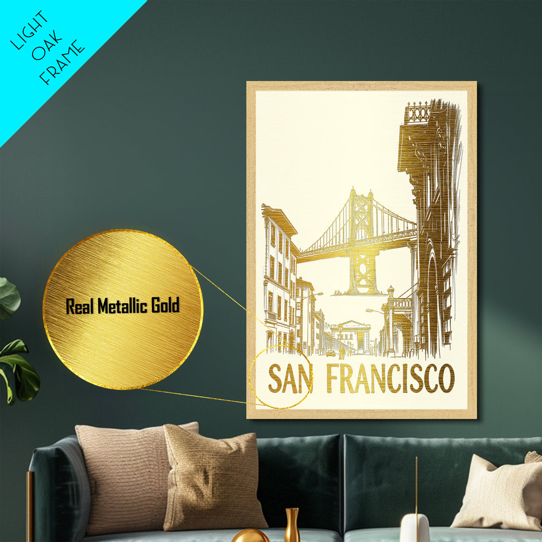 San Francisco California travel, Metallic Gold Print, College Dorm Décor, Metal Art, Wood Framed Art, Graduation Travel Gift, Traveler Gift