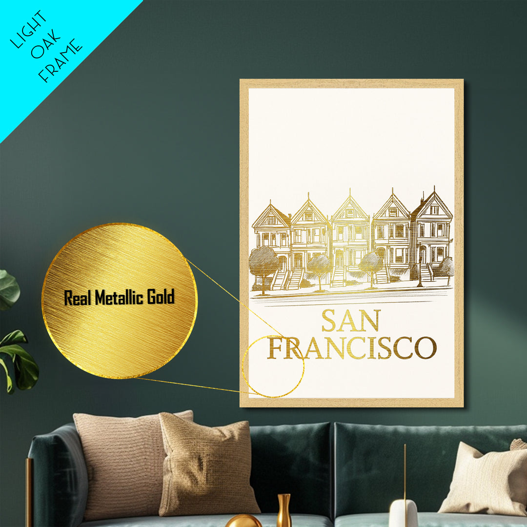 San Francisco California travel, Metallic Gold Print, Modern Skyline Wall Print, Metal Art, Wood Framed Art, Adventure Lover Gift