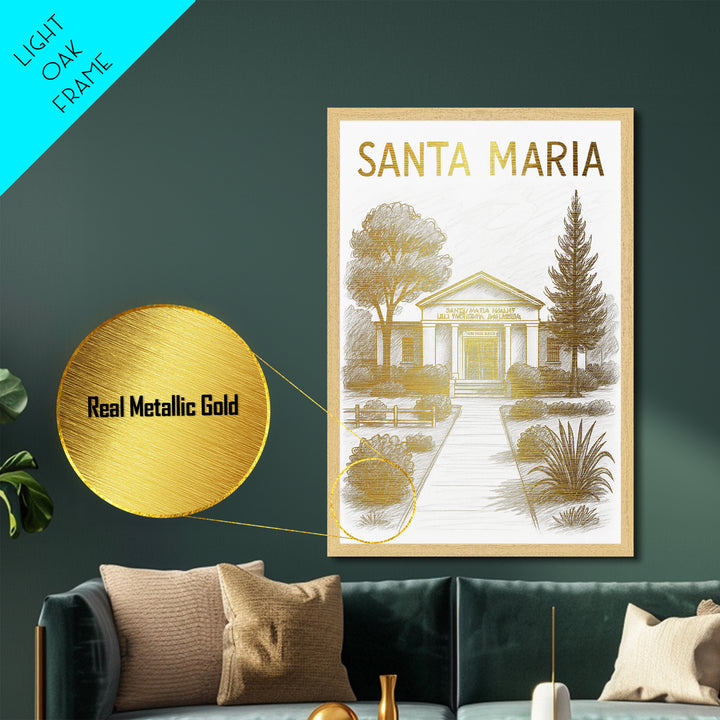 Santa Maria California travel, Metallic Gold Print, Closing Gift, Metal Art, Wood Framed Art, Anniversary Travel Gift, Retirement Gift